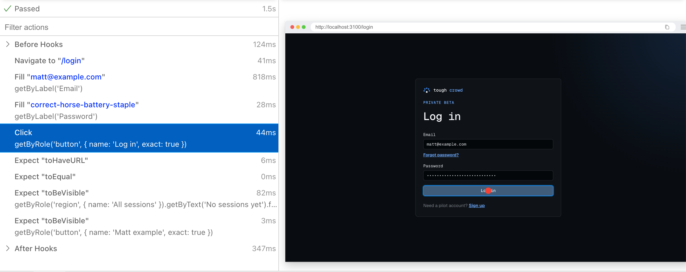 Log in user test in Playwright